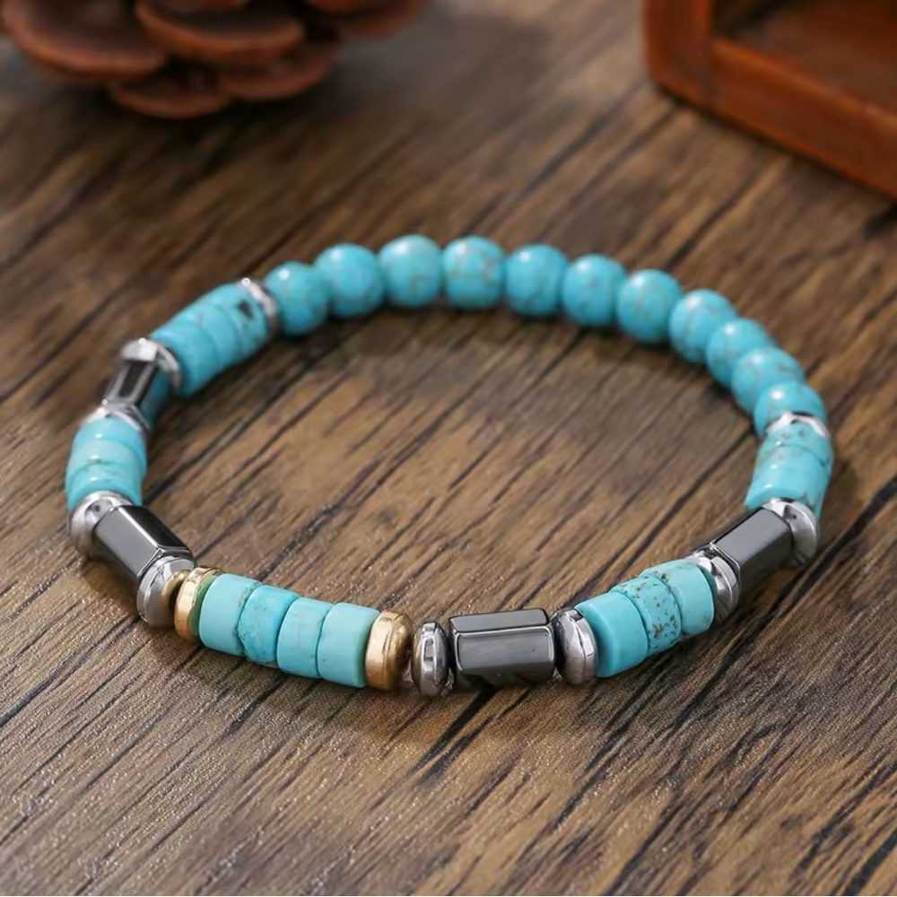 Retro Blue Stone Beaded Mens Bracelet - Picture 6 of 6